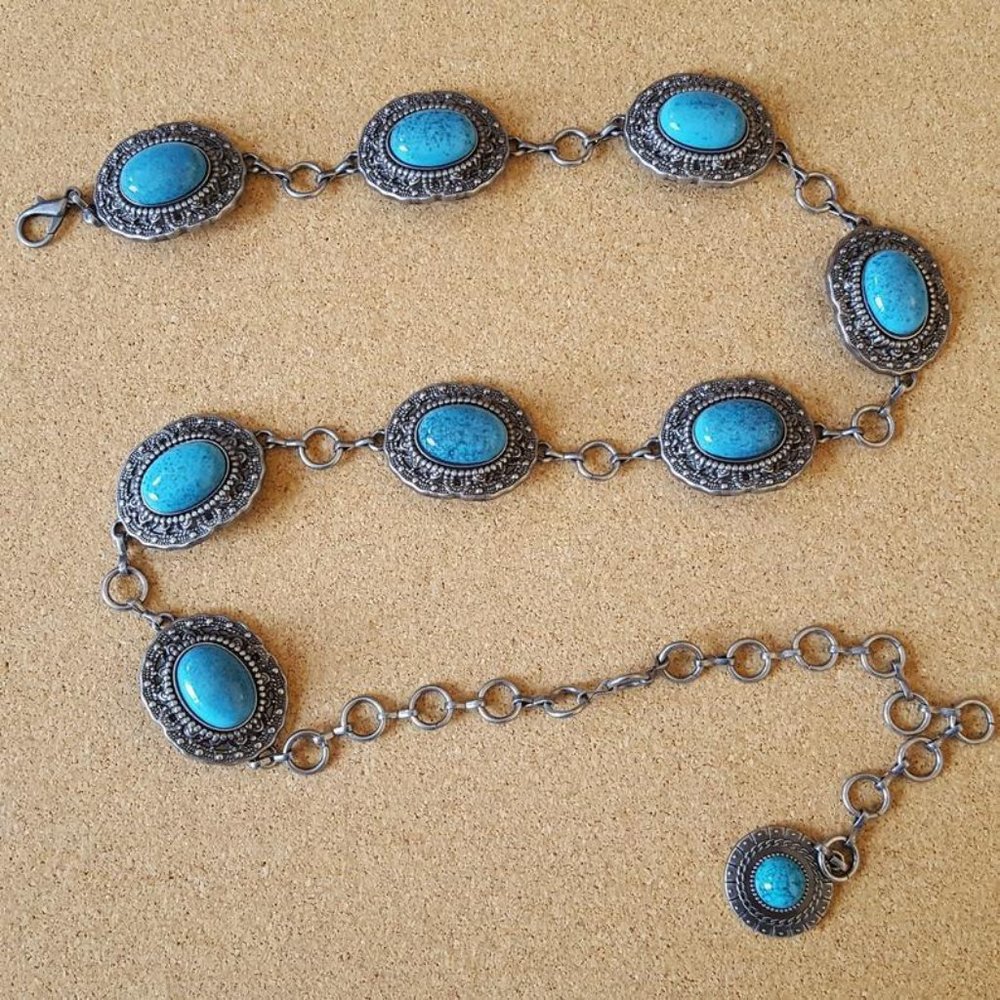 Vintage Silver Western Turquoise Stone Chain Belt - Picture 3 of 3